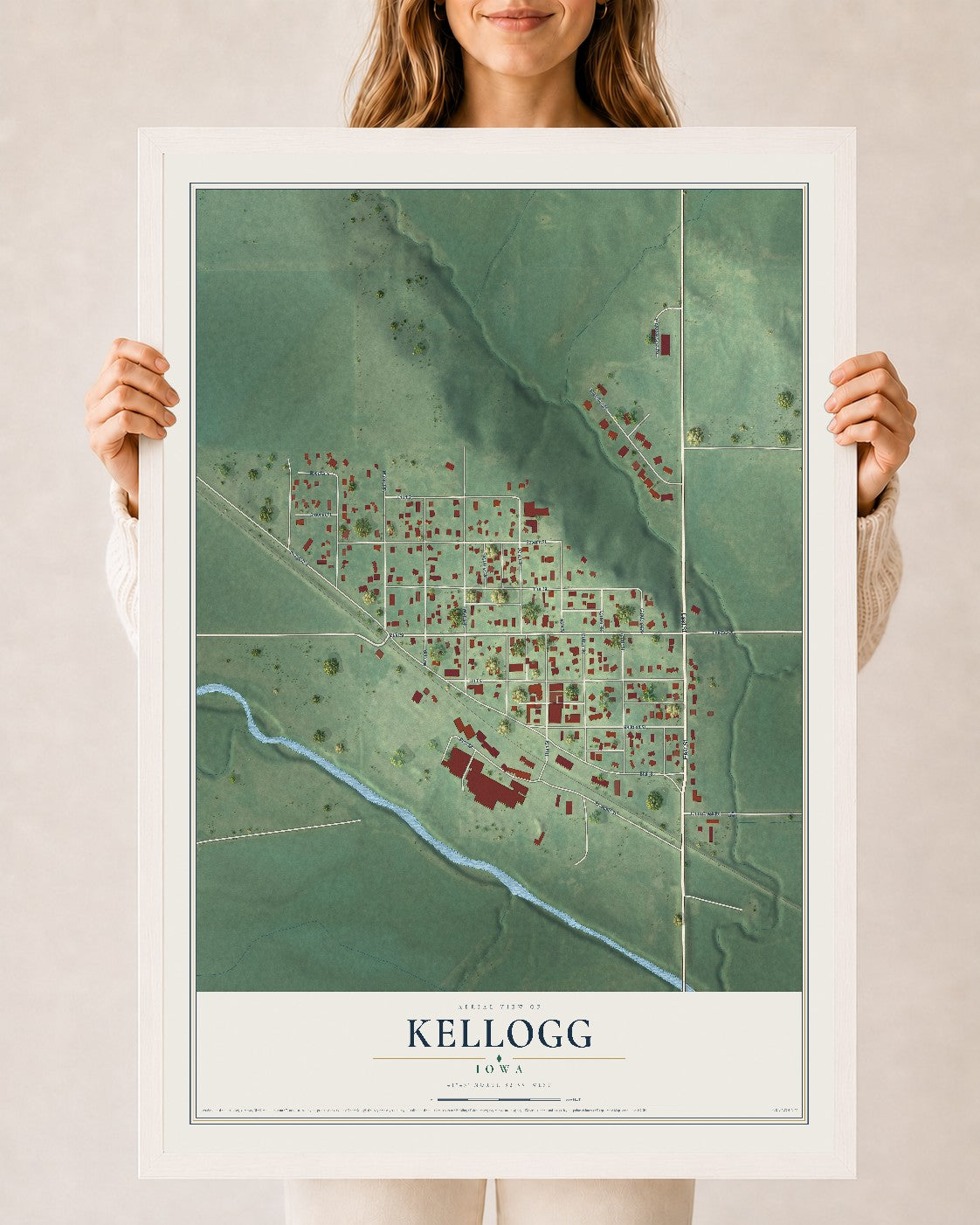 Map of Kellogg, Iowa, 24 x 36 inch print in a white wood frame