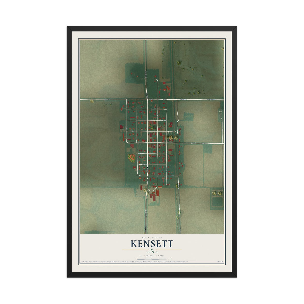 Map of Kensett, Iowa, 12 x 18 inch print in a black wood frame