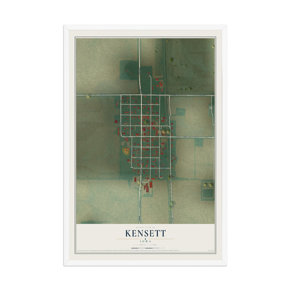Map of Kensett, Iowa, 12 x 18 inch print in a white wood frame