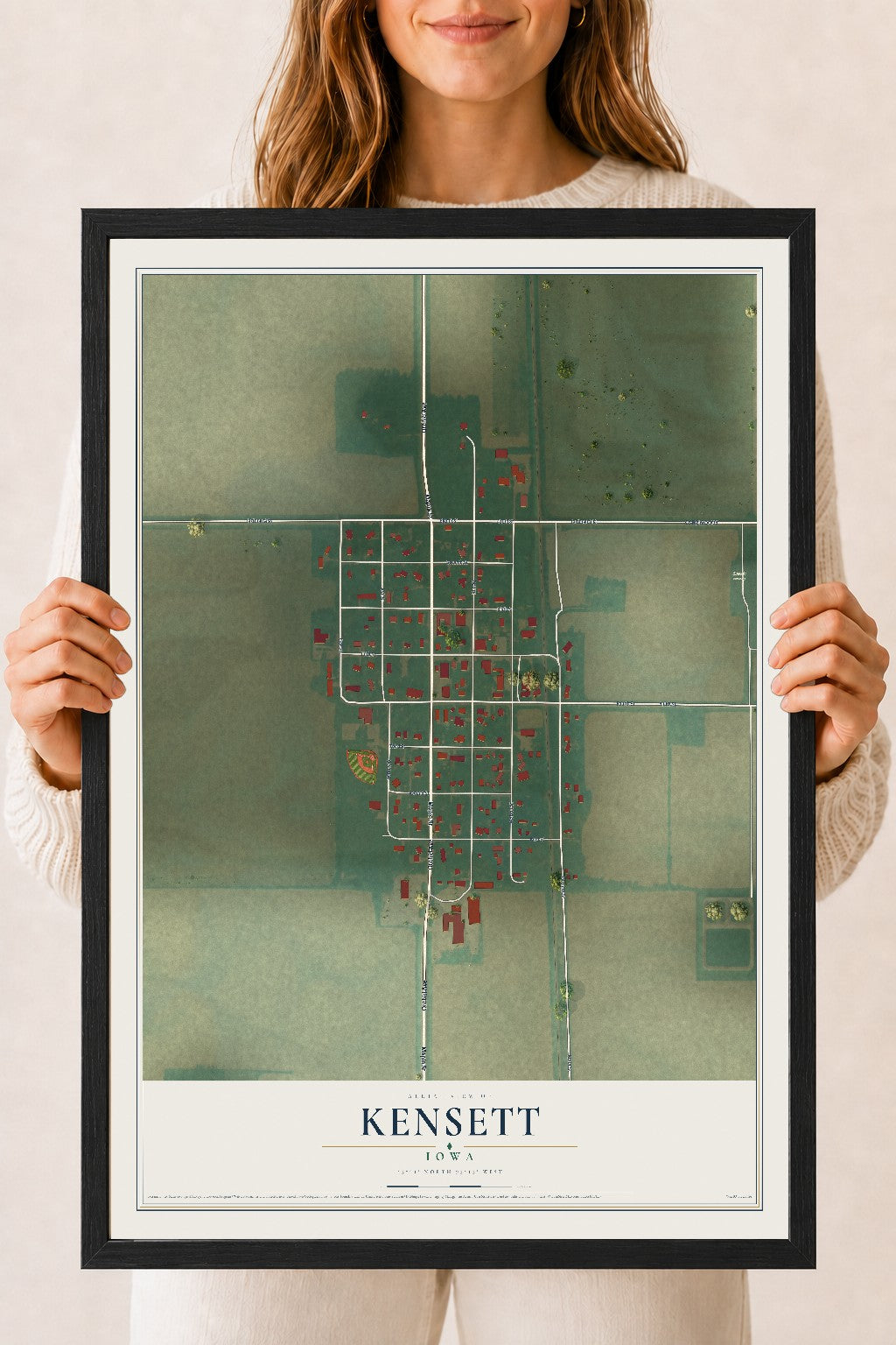 Map of Kensett, Iowa, 18 x 24 inch print in a black wood frame