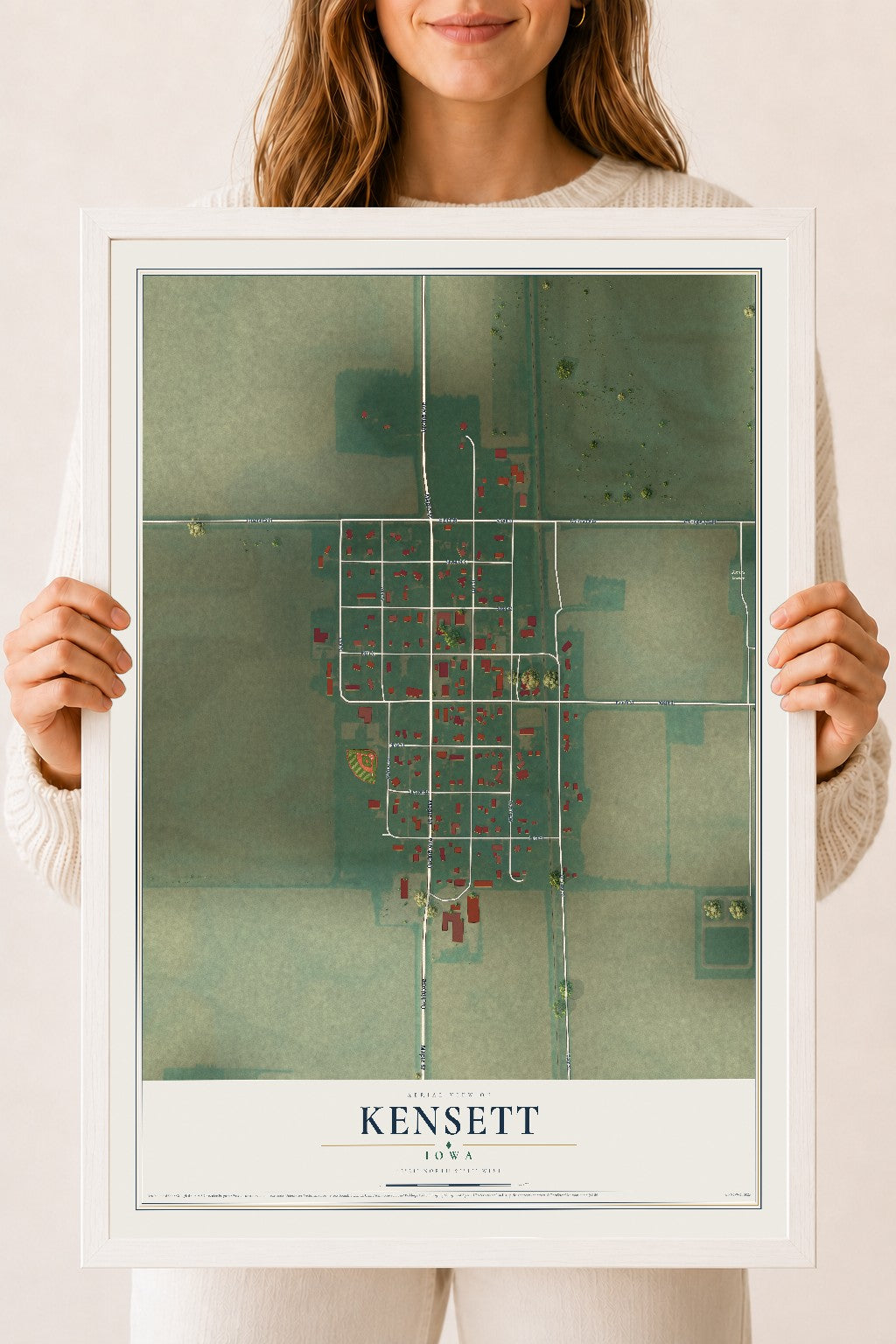 Map of Kensett, Iowa, 18 x 24 inch print in a white wood frame