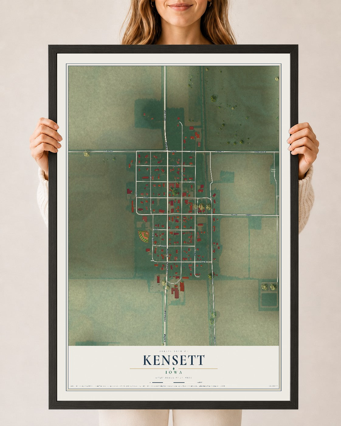 Map of Kensett, Iowa, 24 x 36 inch print in a black wood frame