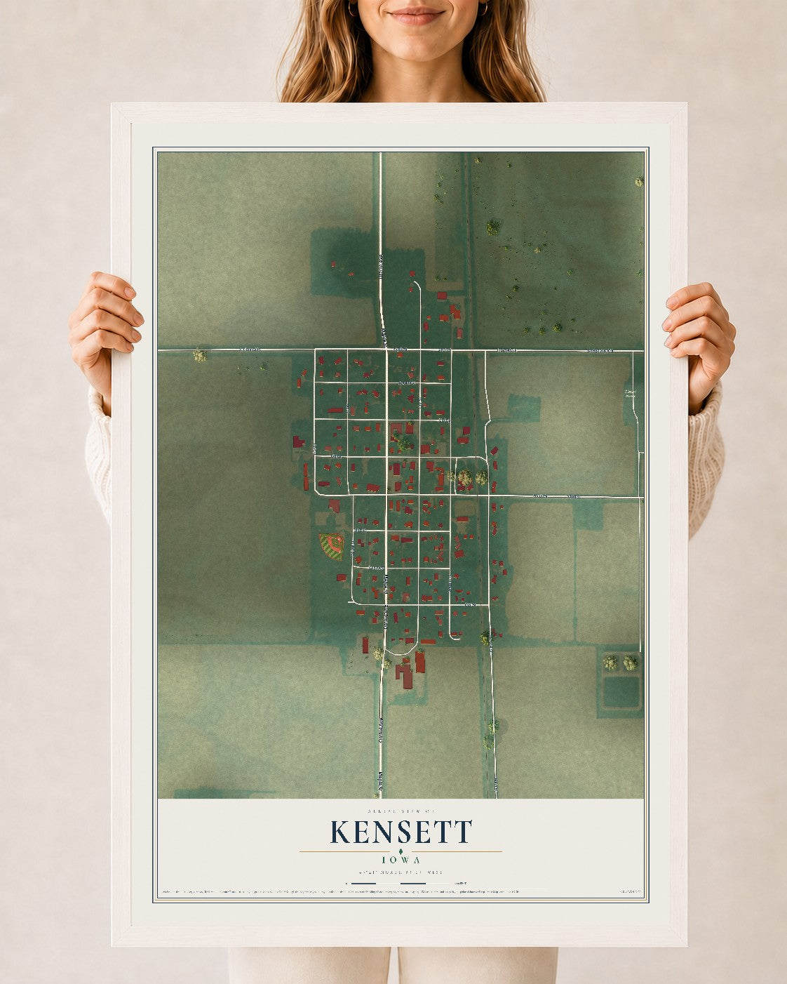 Map of Kensett, Iowa, 24 x 36 inch print in a white wood frame