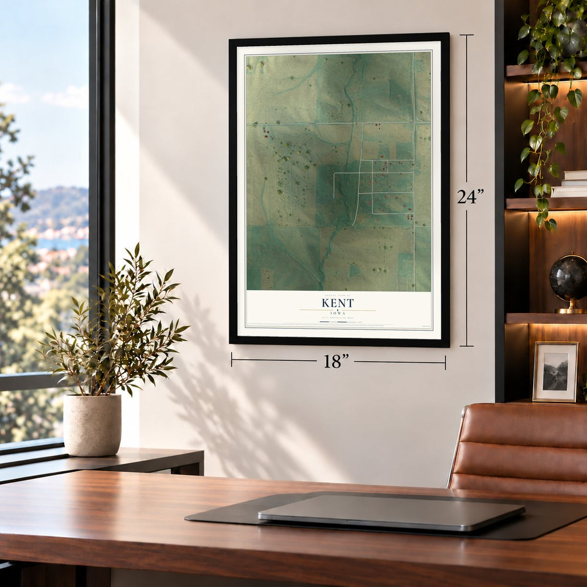 Kent, Iowa map, 18 x 24 inch print in a black frame in a home office