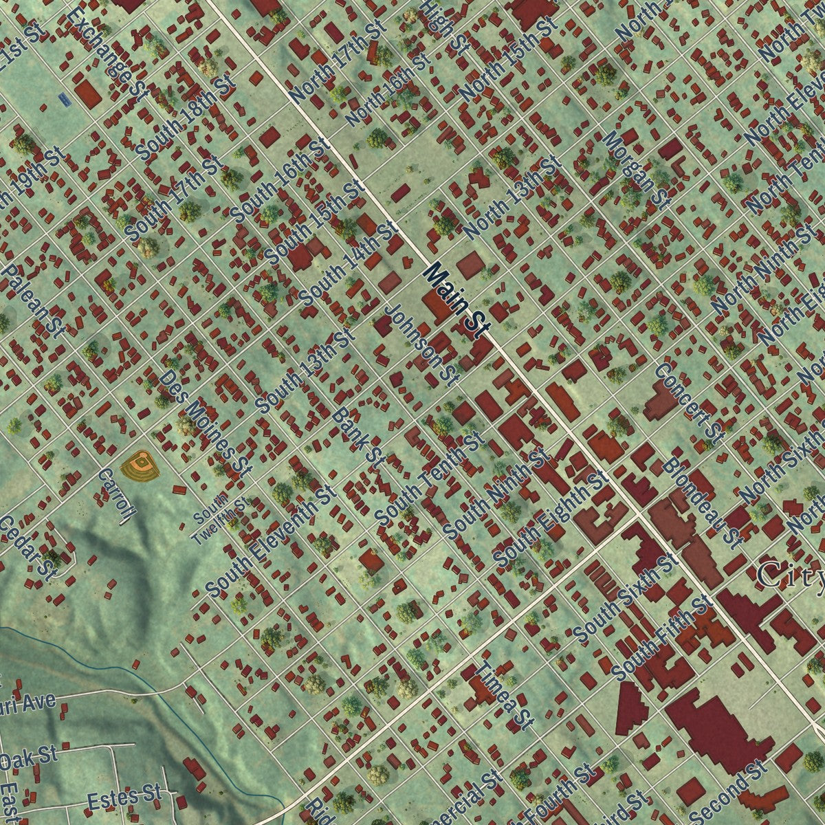 Close-up of the map of Keokuk, Iowa print showing street and building detail