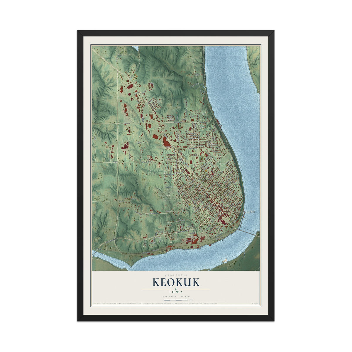 Map of Keokuk, Iowa, 12 x 18 inch print in a black wood frame