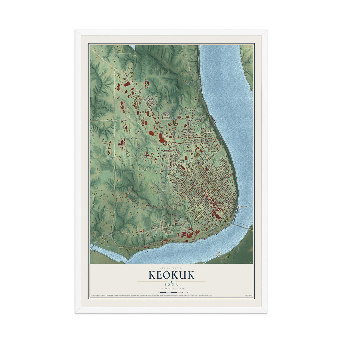 Map of Keokuk, Iowa, 12 x 18 inch print in a white wood frame