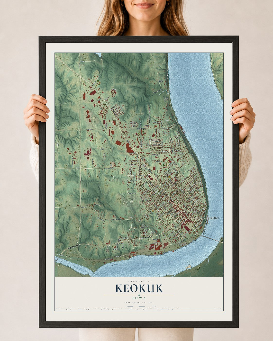Map of Keokuk, Iowa, 24 x 36 inch print in a black wood frame