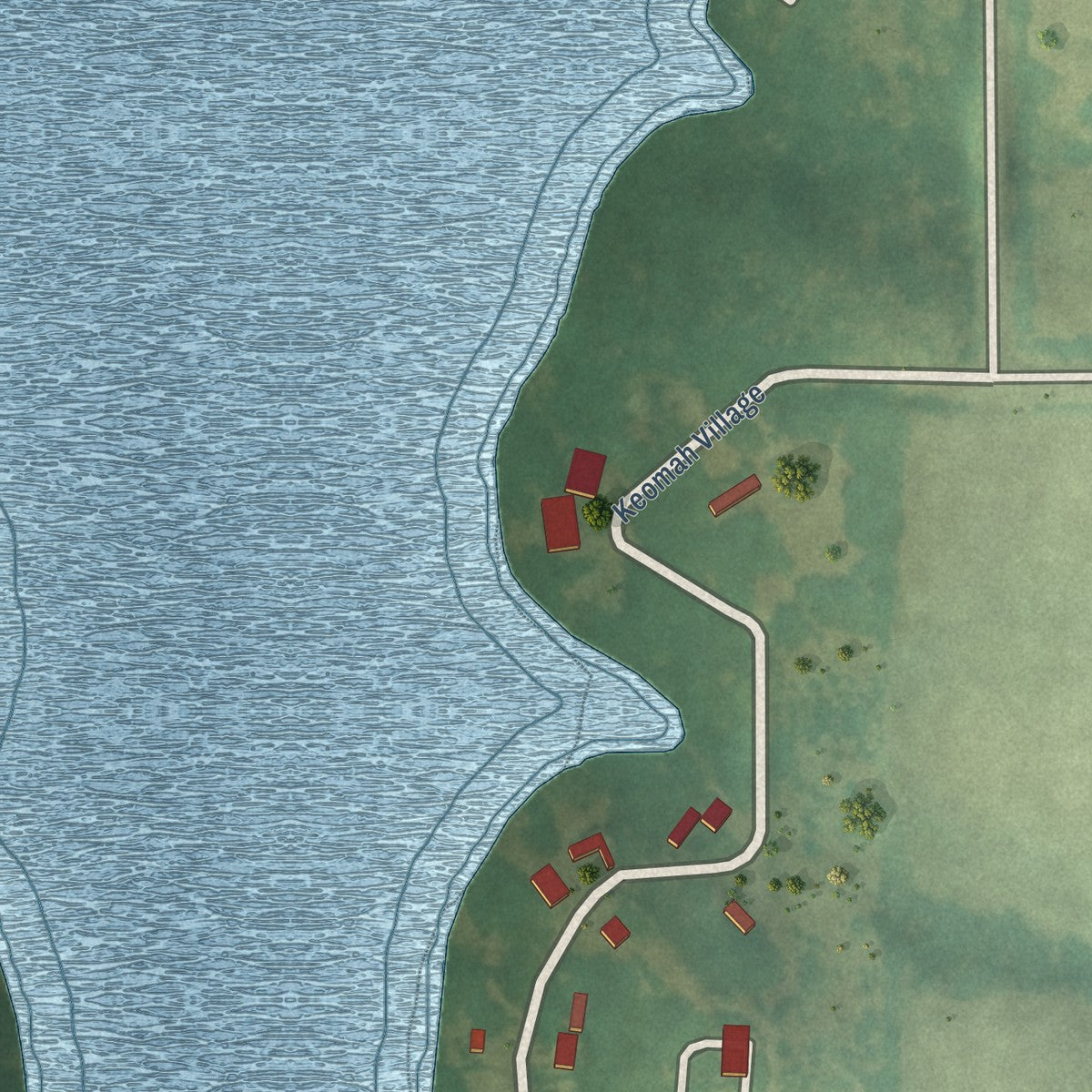 Close-up of the map of Keomah Village, Iowa print showing street and building detail