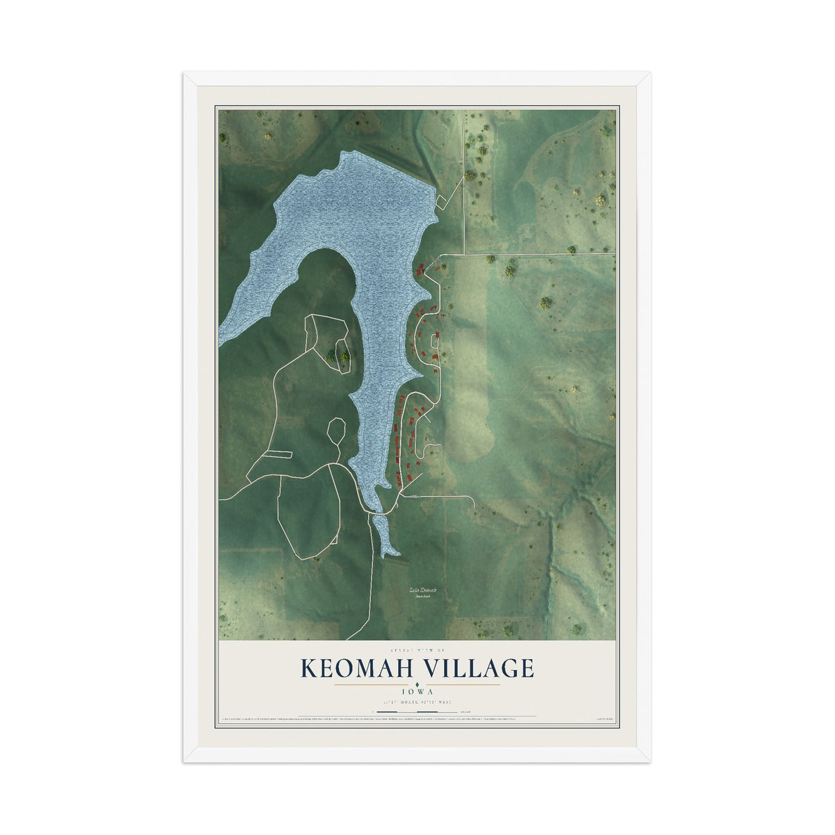 Map of Keomah Village, Iowa, 12 x 18 inch print in a white wood frame
