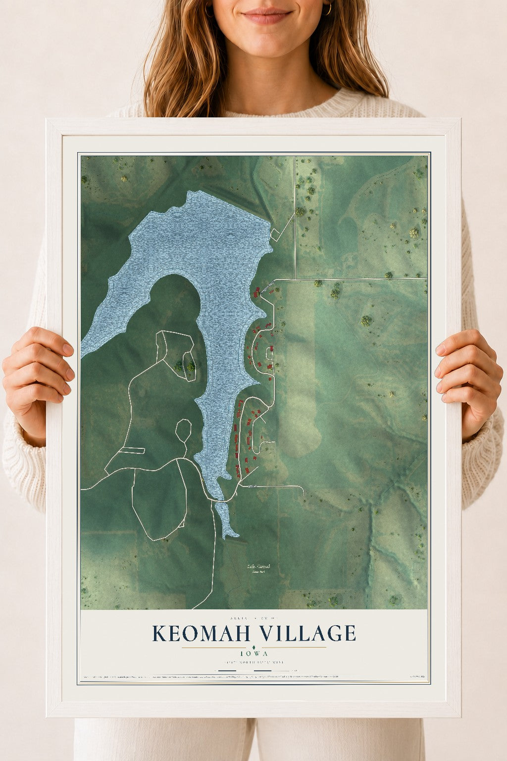 Map of Keomah Village, Iowa, 18 x 24 inch print in a white wood frame