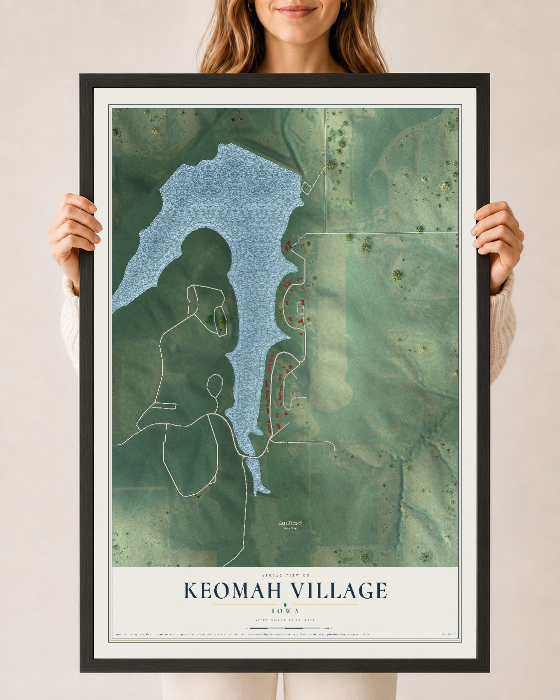 Map of Keomah Village, Iowa, 24 x 36 inch print in a black wood frame