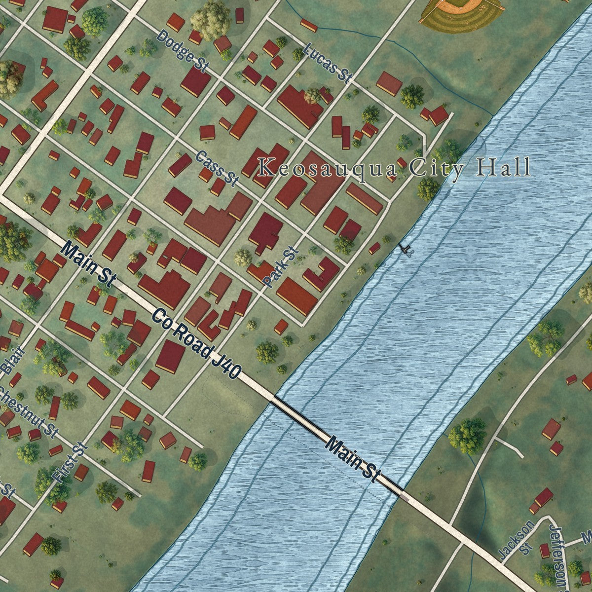 Close-up of the map of Keosauqua, Iowa print showing street and building detail