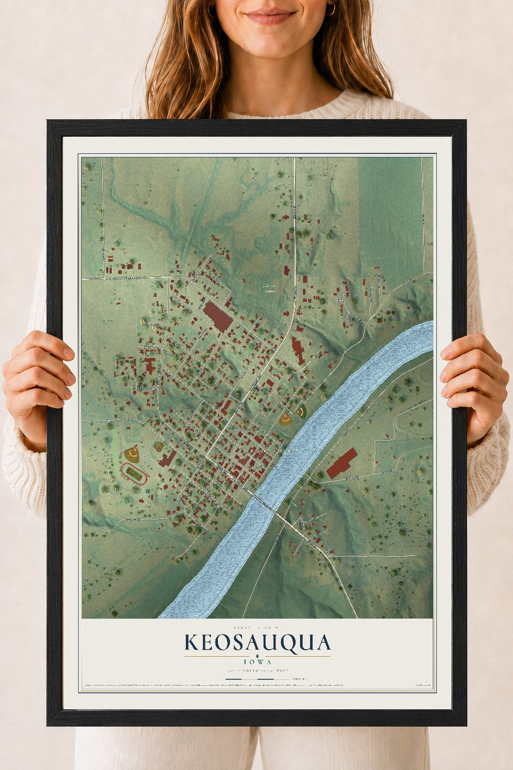 Map of Keosauqua, Iowa, 18 x 24 inch print in a black wood frame