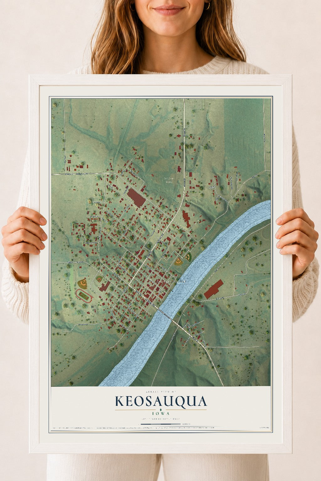 Map of Keosauqua, Iowa, 18 x 24 inch print in a white wood frame