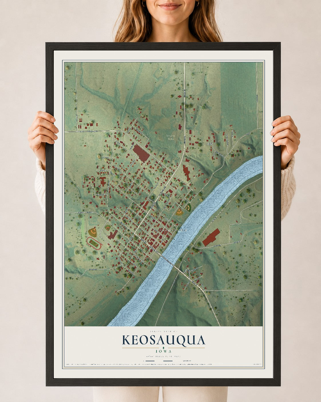 Map of Keosauqua, Iowa, 24 x 36 inch print in a black wood frame