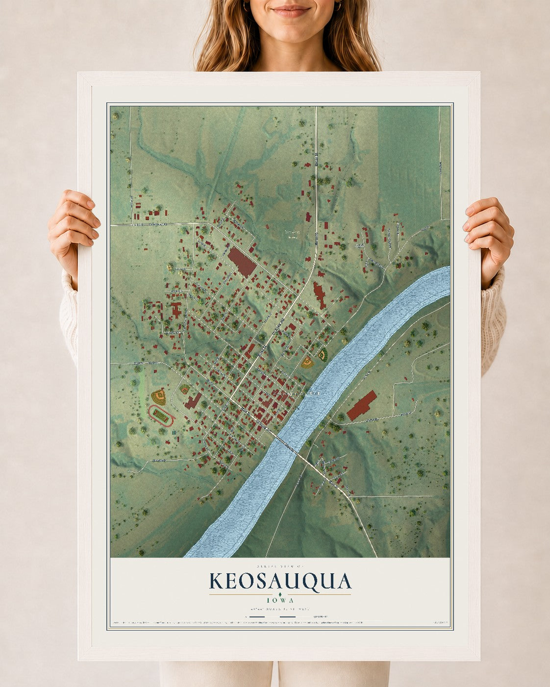 Map of Keosauqua, Iowa, 24 x 36 inch print in a white wood frame