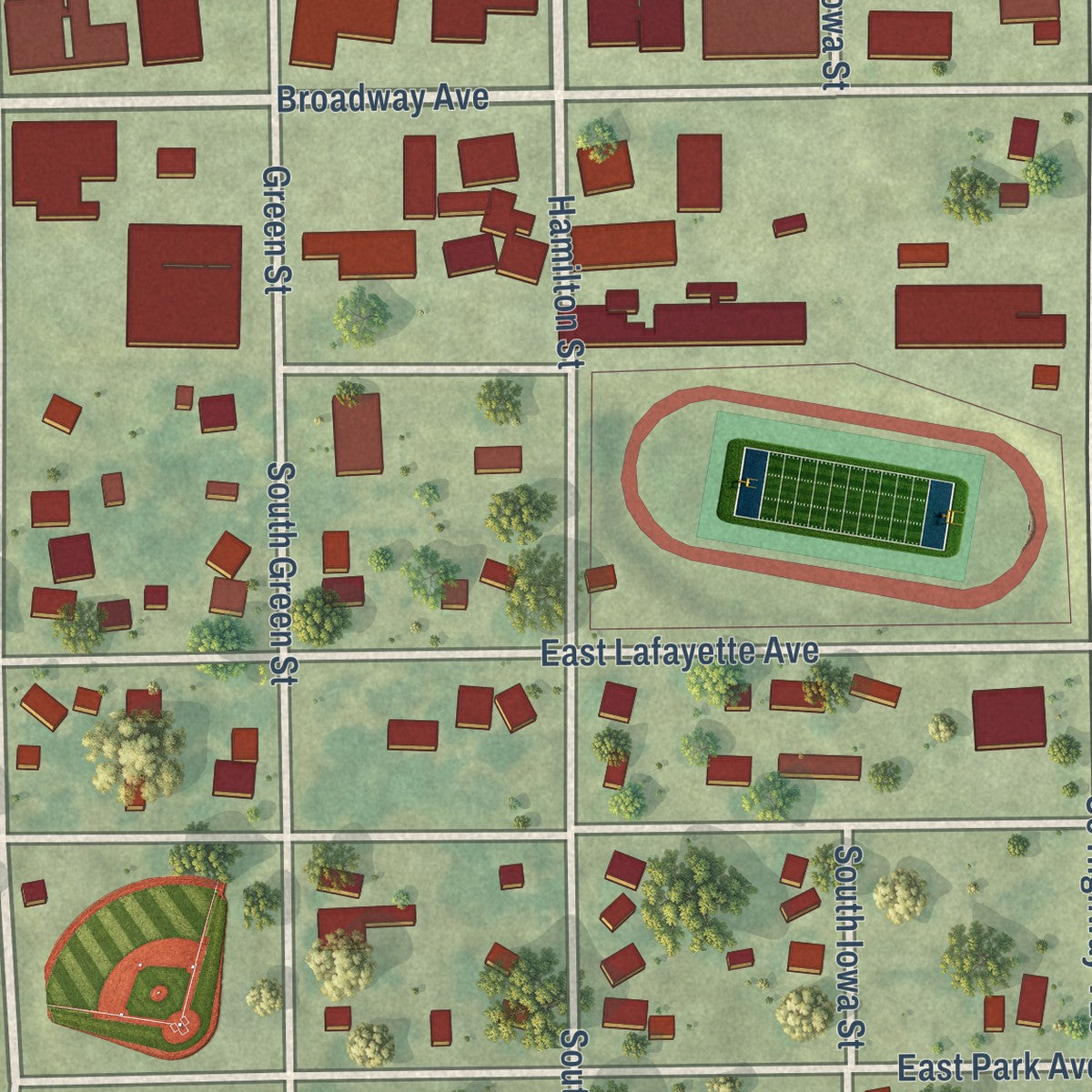 Close-up of the map of Keota, Iowa print showing street and building detail