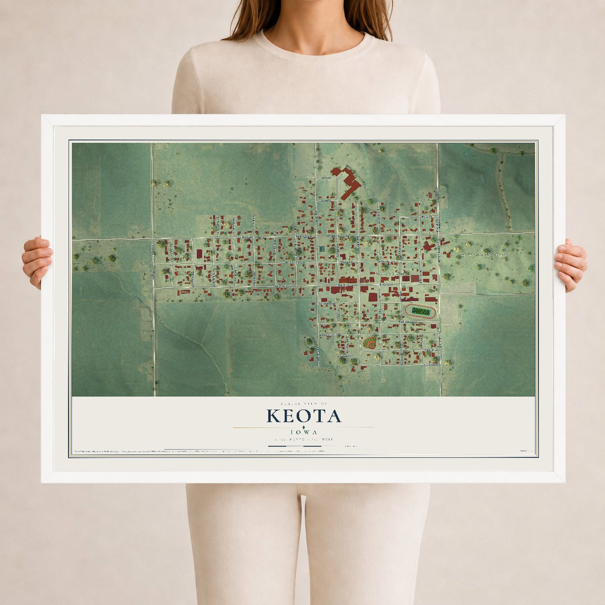 Map of Keota, Iowa, 24 x 36 inch print in a white wood frame