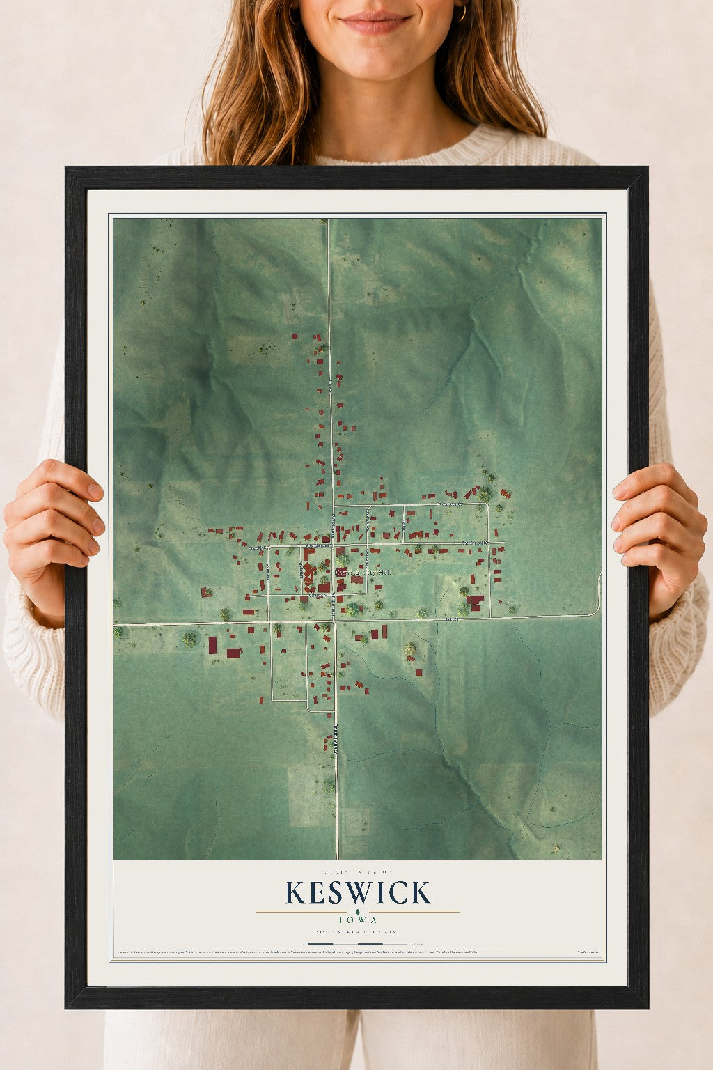 Map of Keswick, Iowa, 18 x 24 inch print in a black wood frame