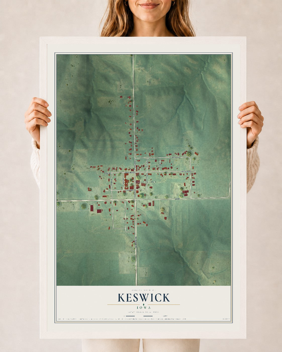 Map of Keswick, Iowa, 24 x 36 inch print in a white wood frame