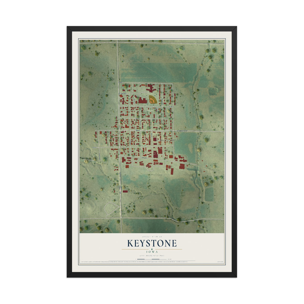 Map of Keystone, Iowa, 12 x 18 inch print in a black wood frame