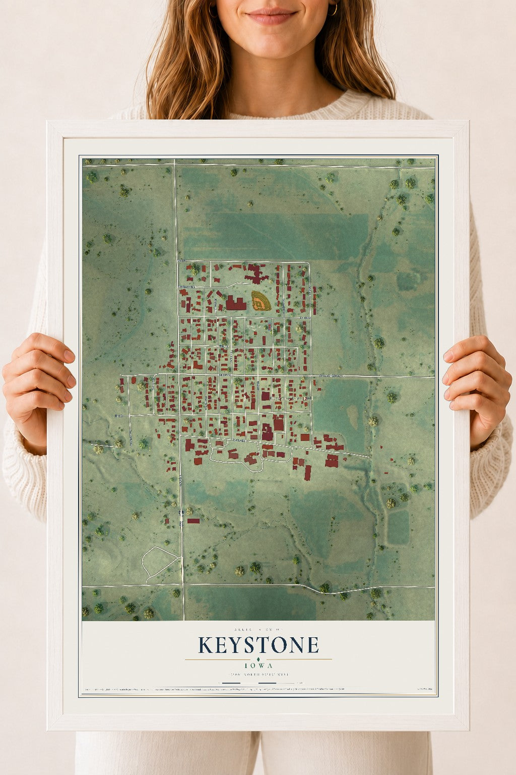 Map of Keystone, Iowa, 18 x 24 inch print in a white wood frame