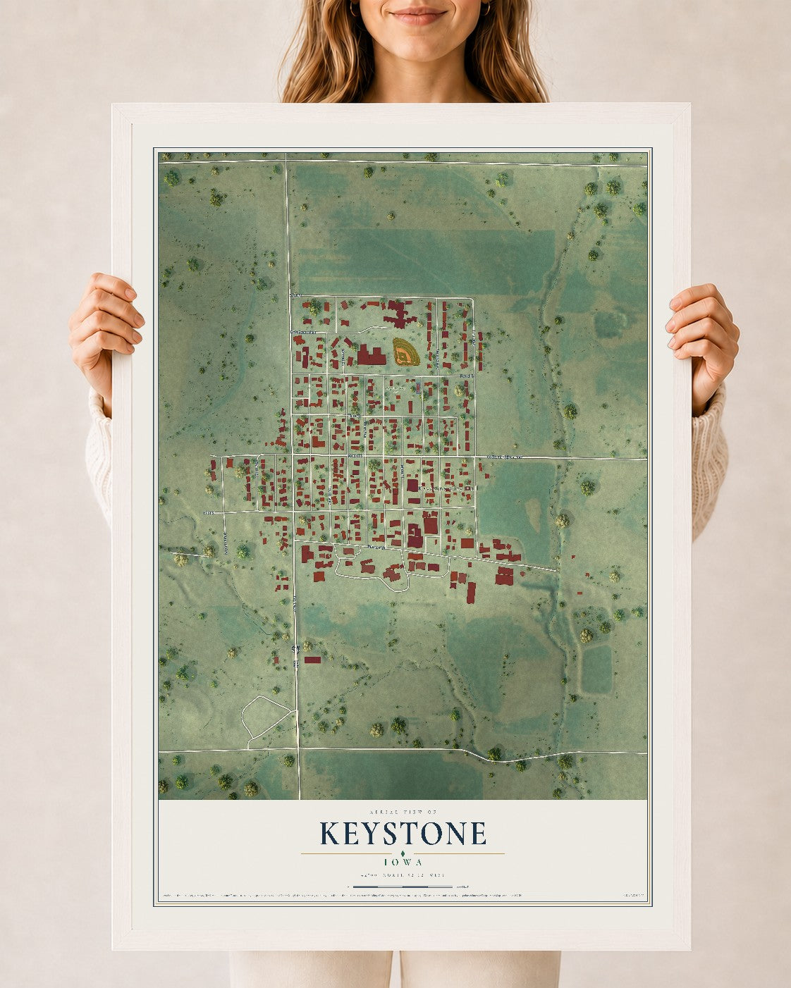 Map of Keystone, Iowa, 24 x 36 inch print in a white wood frame