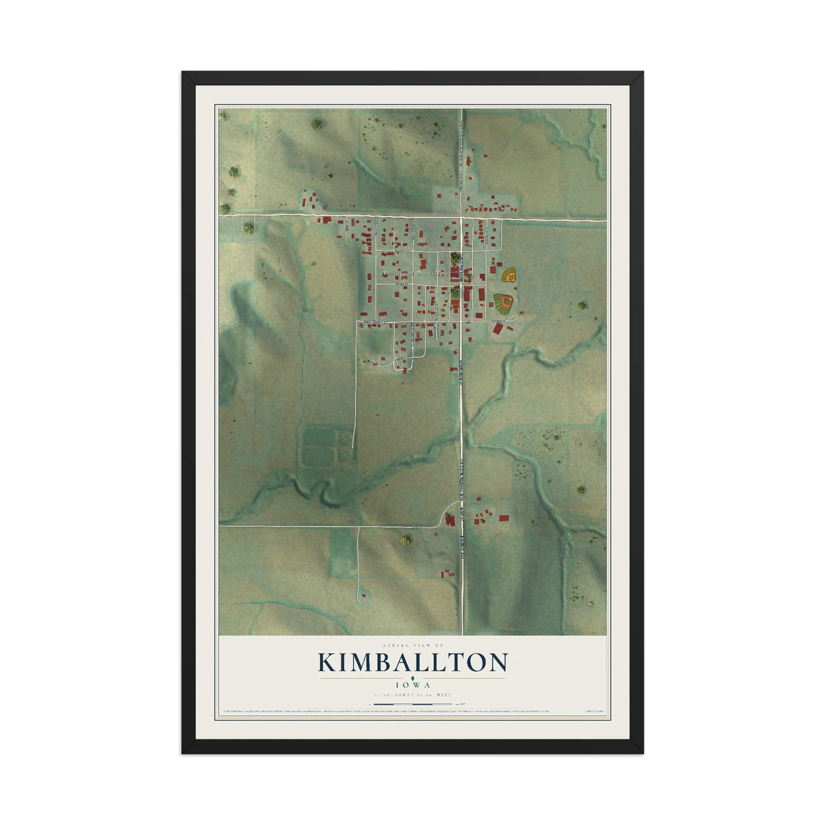 Map of Kimballton, Iowa, 12 x 18 inch print in a black wood frame
