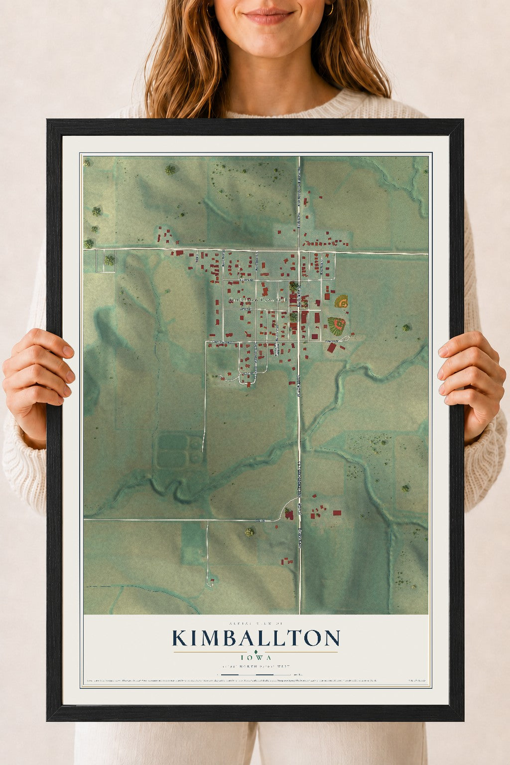 Map of Kimballton, Iowa, 18 x 24 inch print in a black wood frame