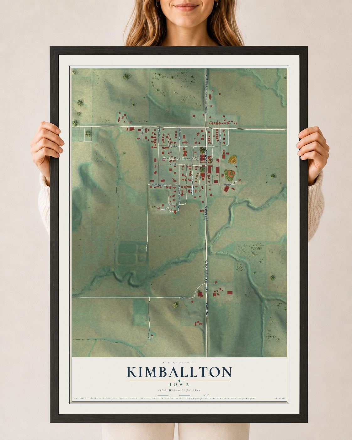 Map of Kimballton, Iowa, 24 x 36 inch print in a black wood frame