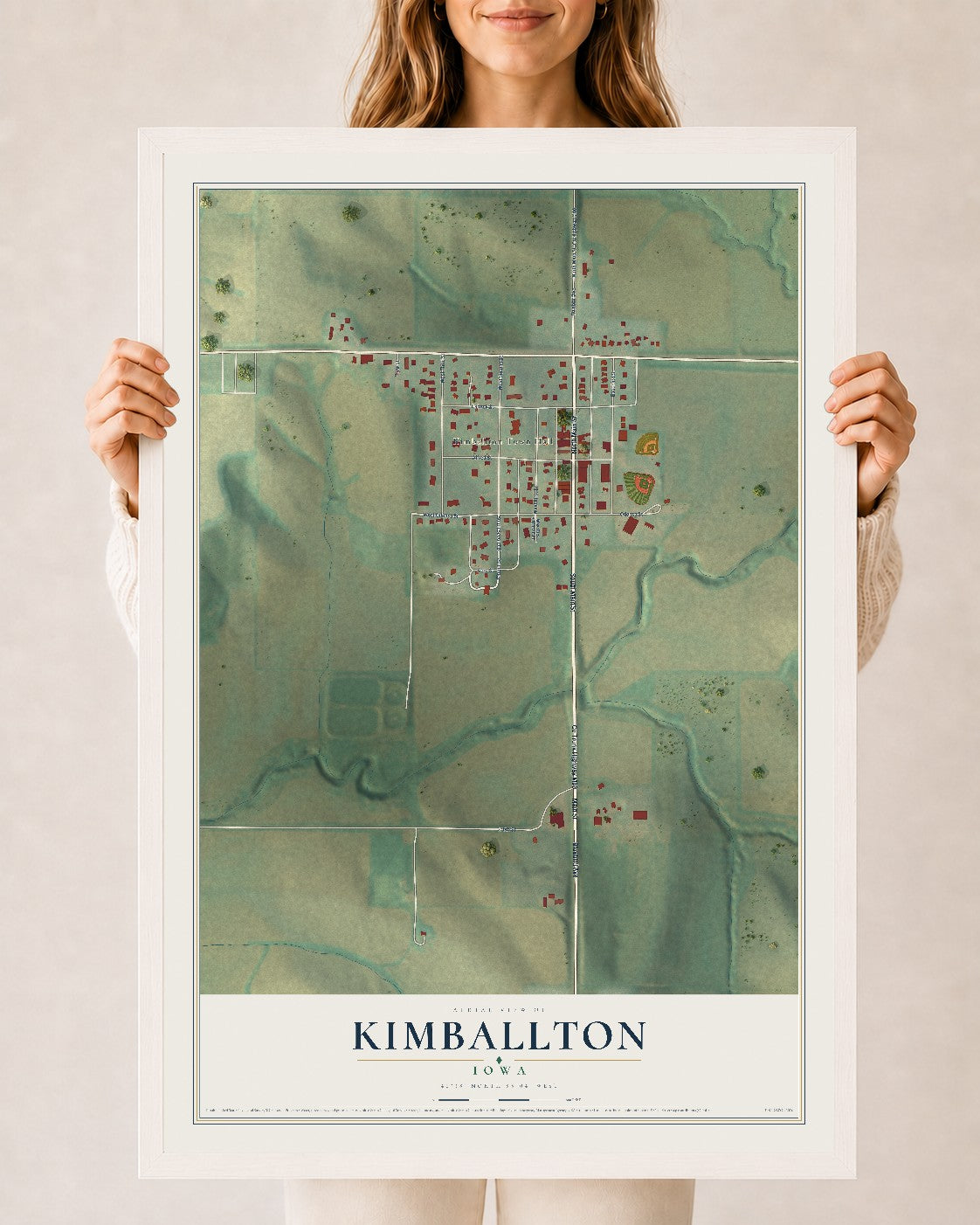 Map of Kimballton, Iowa, 24 x 36 inch print in a white wood frame