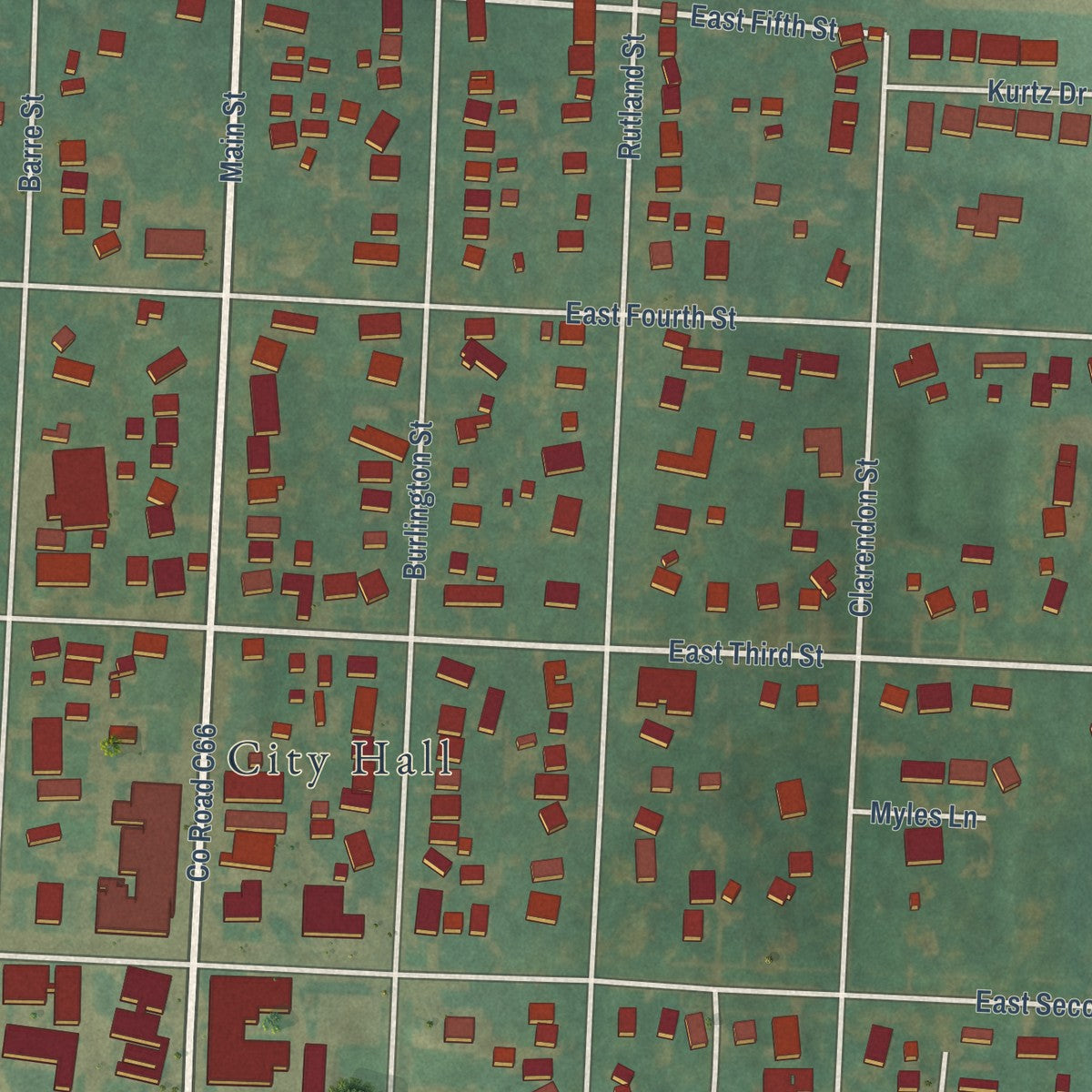 Close-up of the map of Kingsley, Iowa print showing street and building detail