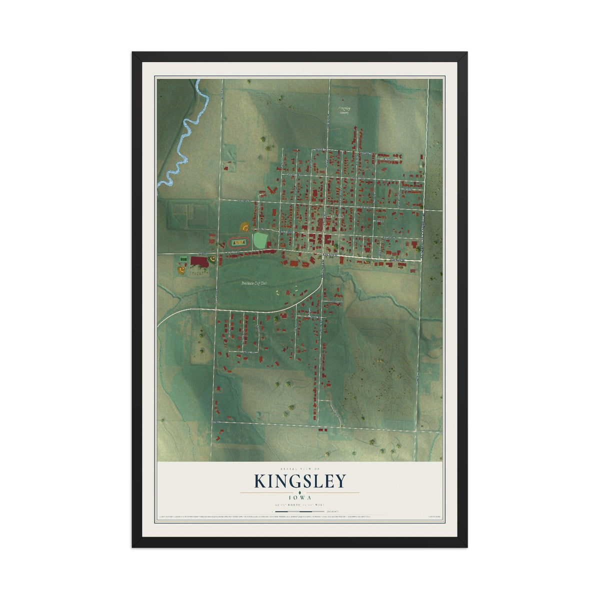Map of Kingsley, Iowa, 12 x 18 inch print in a black wood frame