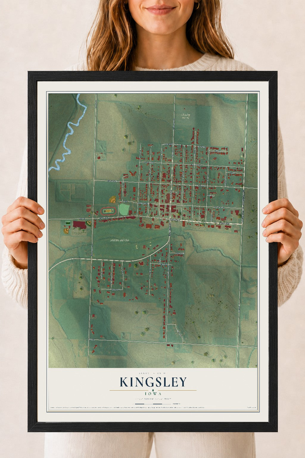 Map of Kingsley, Iowa, 18 x 24 inch print in a black wood frame