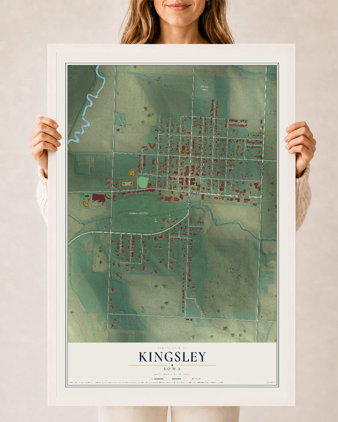 Map of Kingsley, Iowa, 24 x 36 inch print in a white wood frame