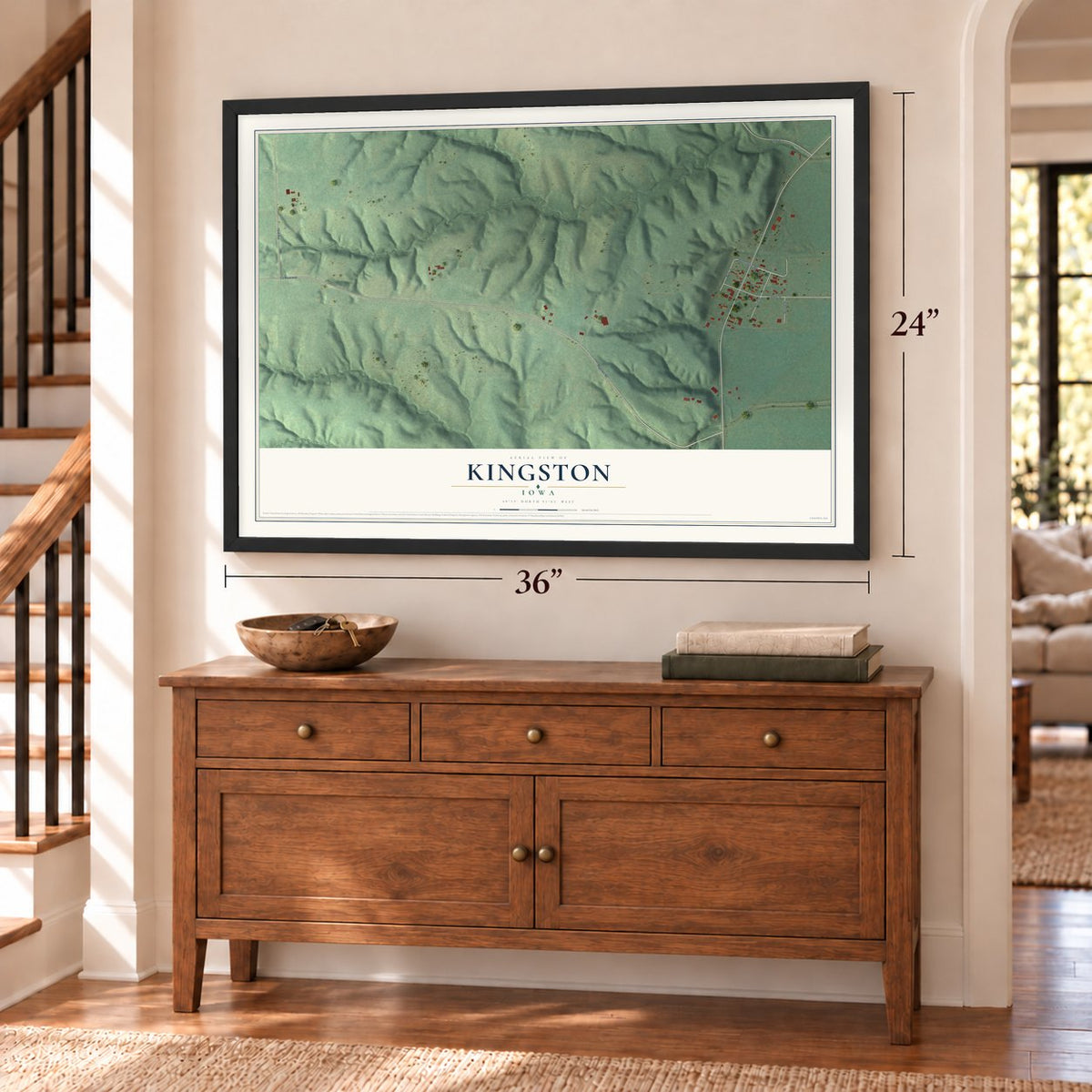 Kingston, Iowa map, 24 x 36 inch print in a black frame above a dresser by a staircase