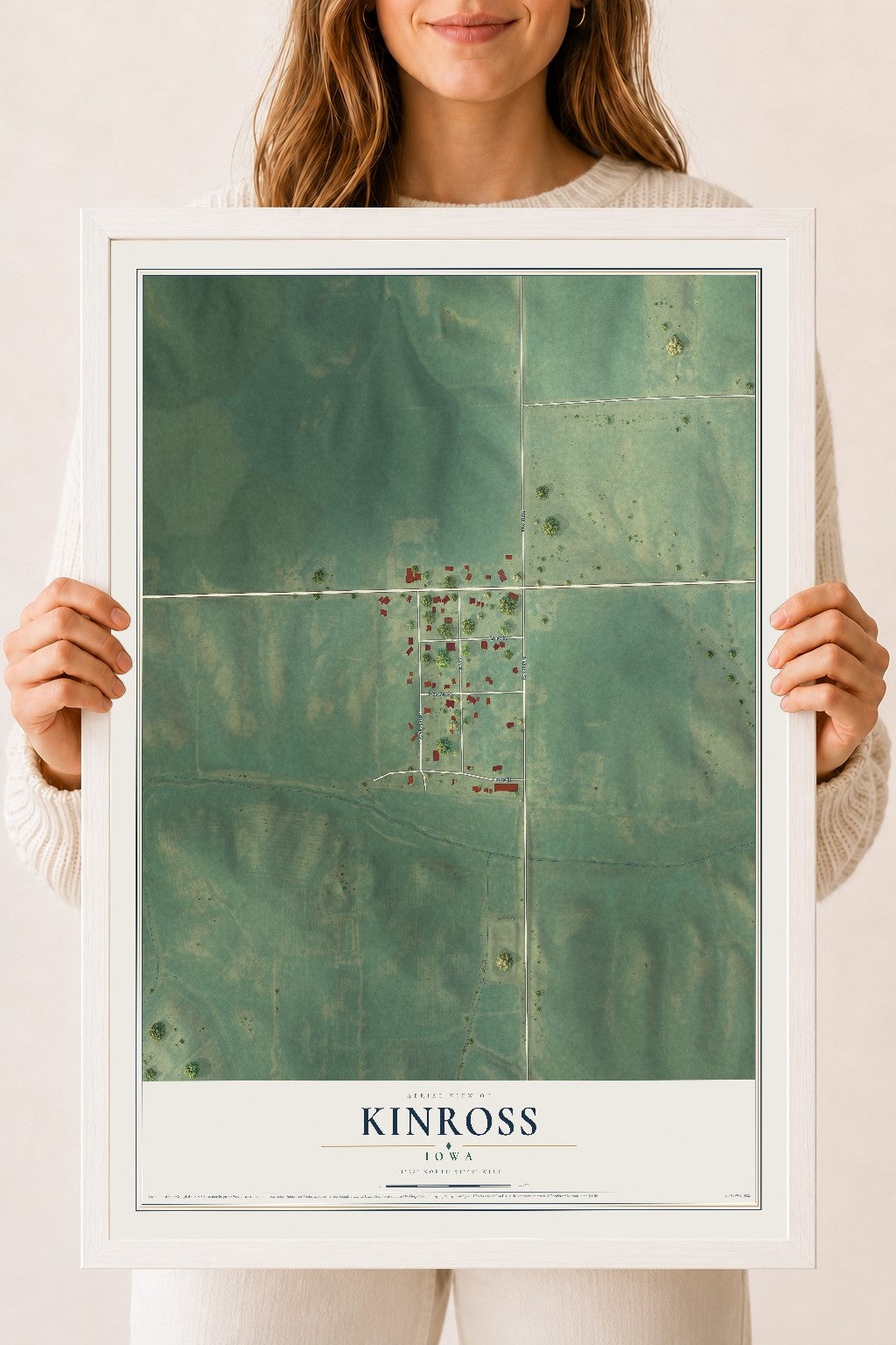 Map of Kinross, Iowa, 18 x 24 inch print in a white wood frame