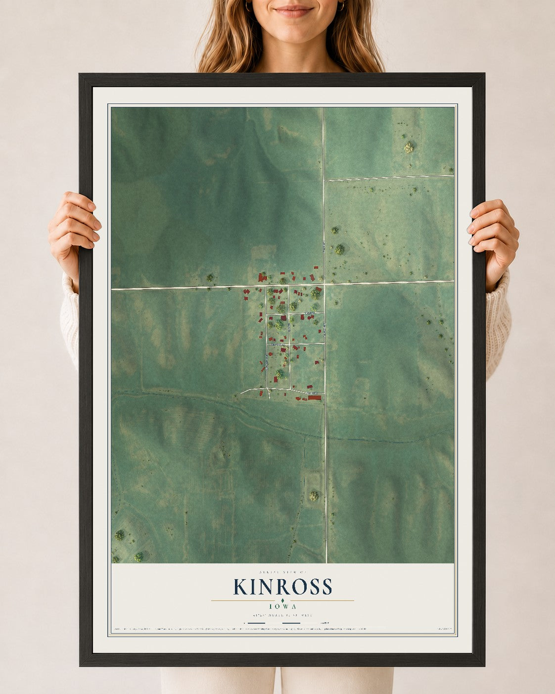 Map of Kinross, Iowa, 24 x 36 inch print in a black wood frame