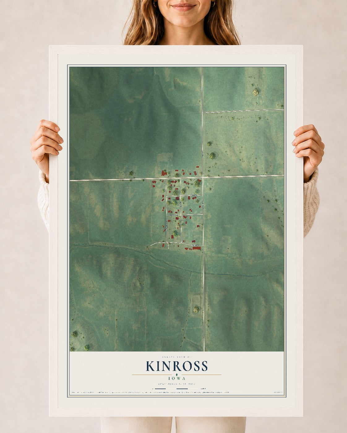 Map of Kinross, Iowa, 24 x 36 inch print in a white wood frame