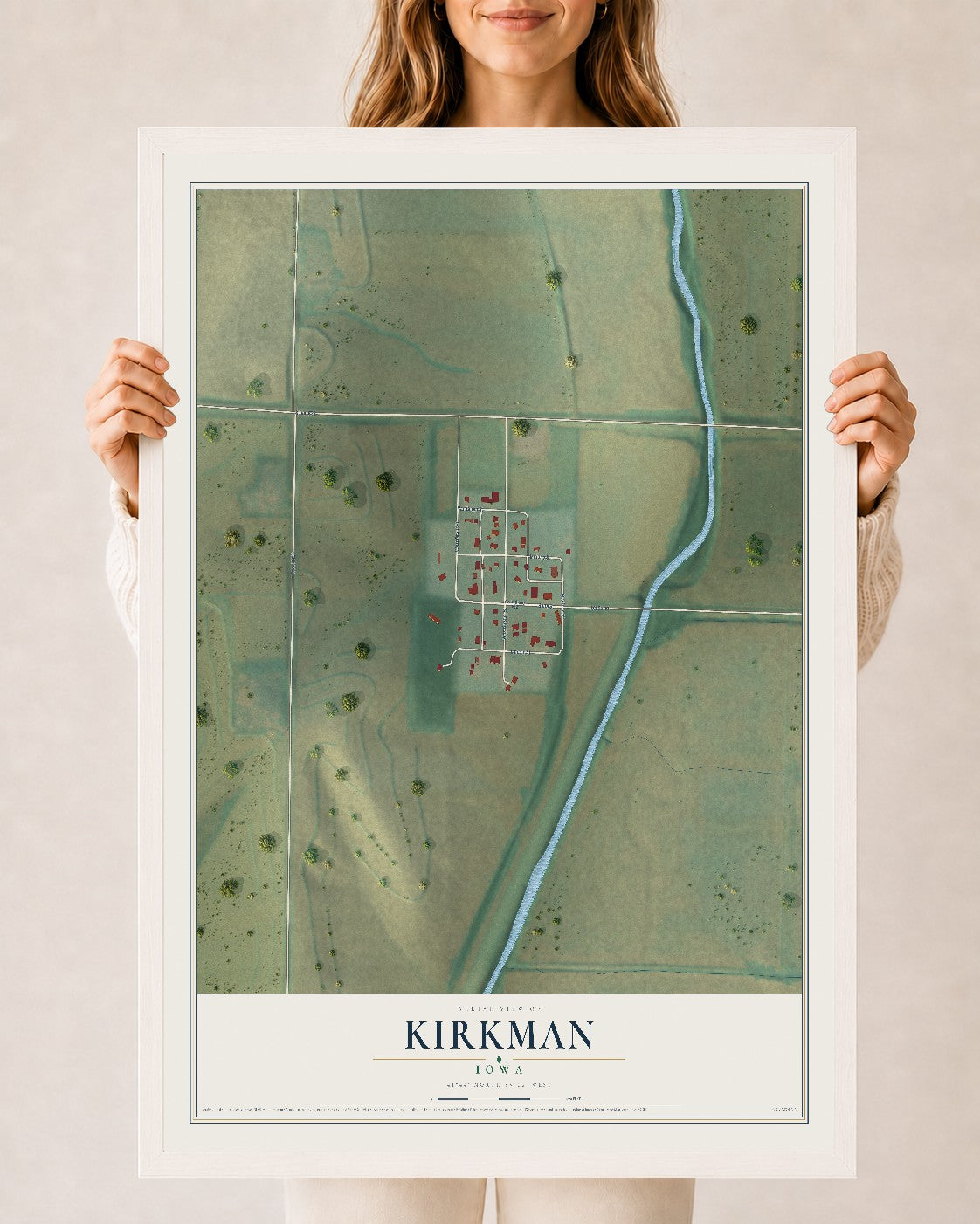 Map of Kirkman, Iowa, 24 x 36 inch print in a white wood frame