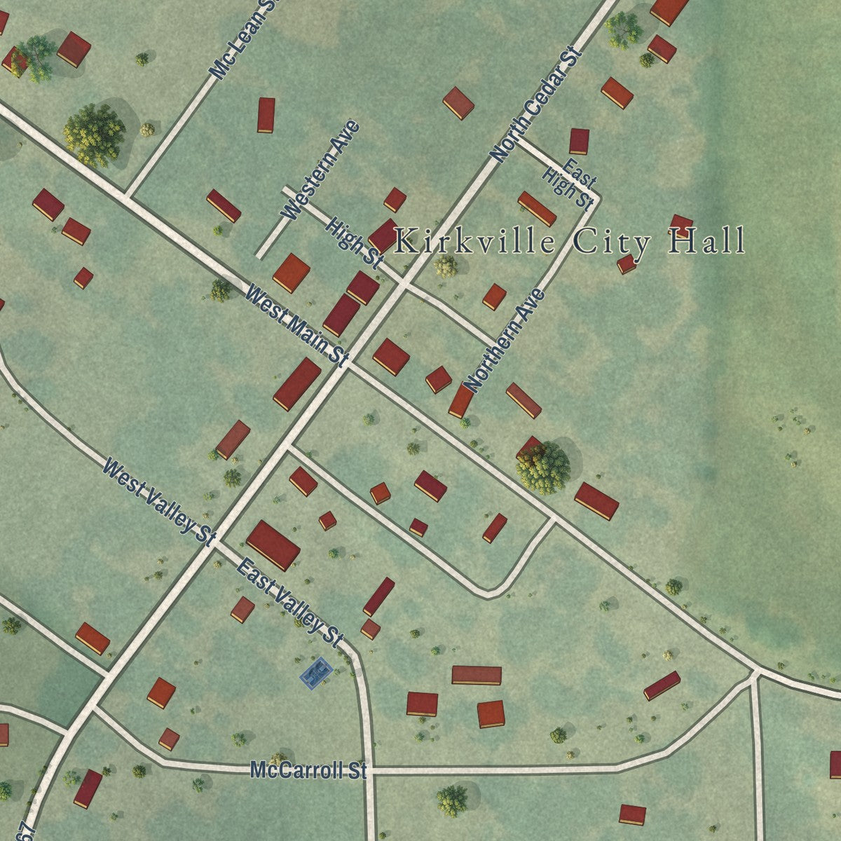 Close-up of the map of Kirkville, Iowa print showing street and building detail