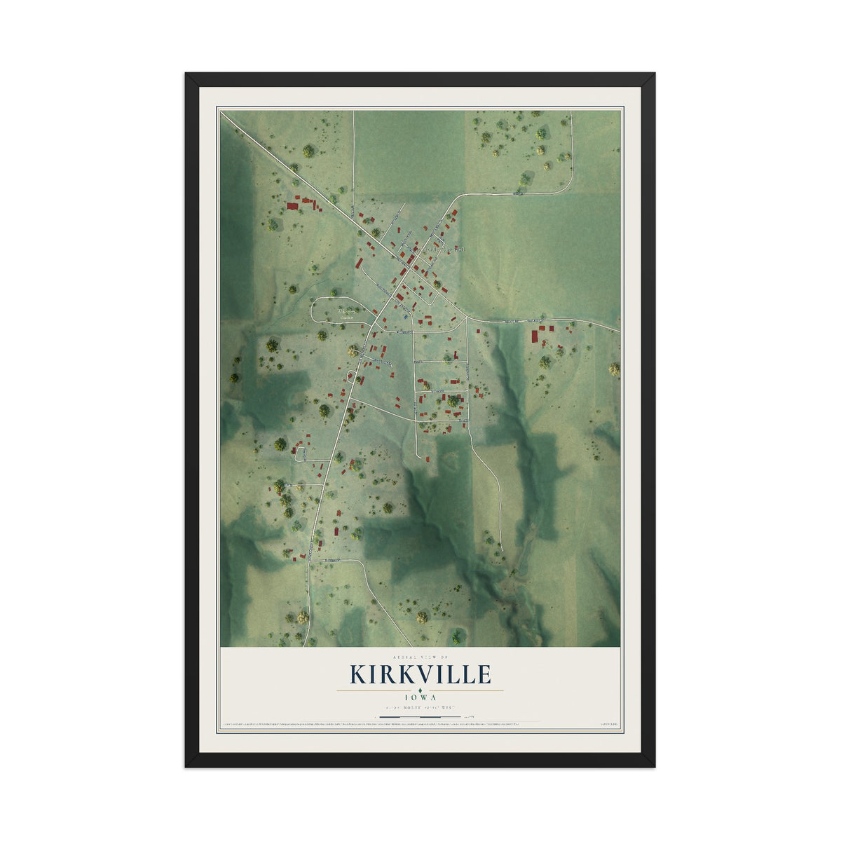 Map of Kirkville, Iowa, 12 x 18 inch print in a black wood frame