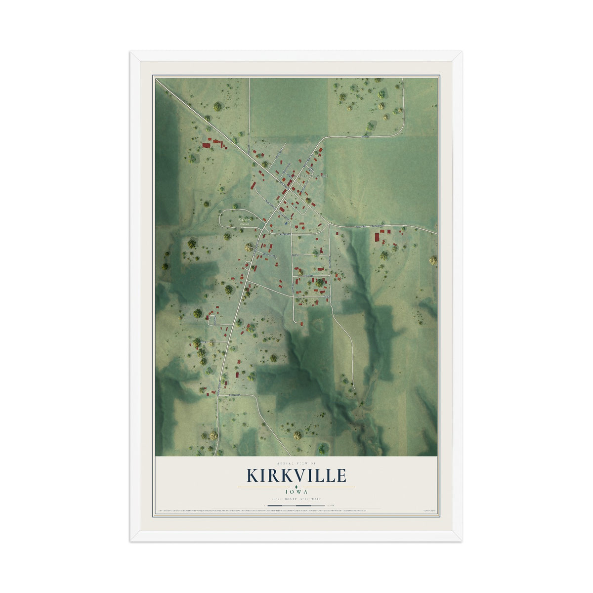 Map of Kirkville, Iowa, 12 x 18 inch print in a white wood frame