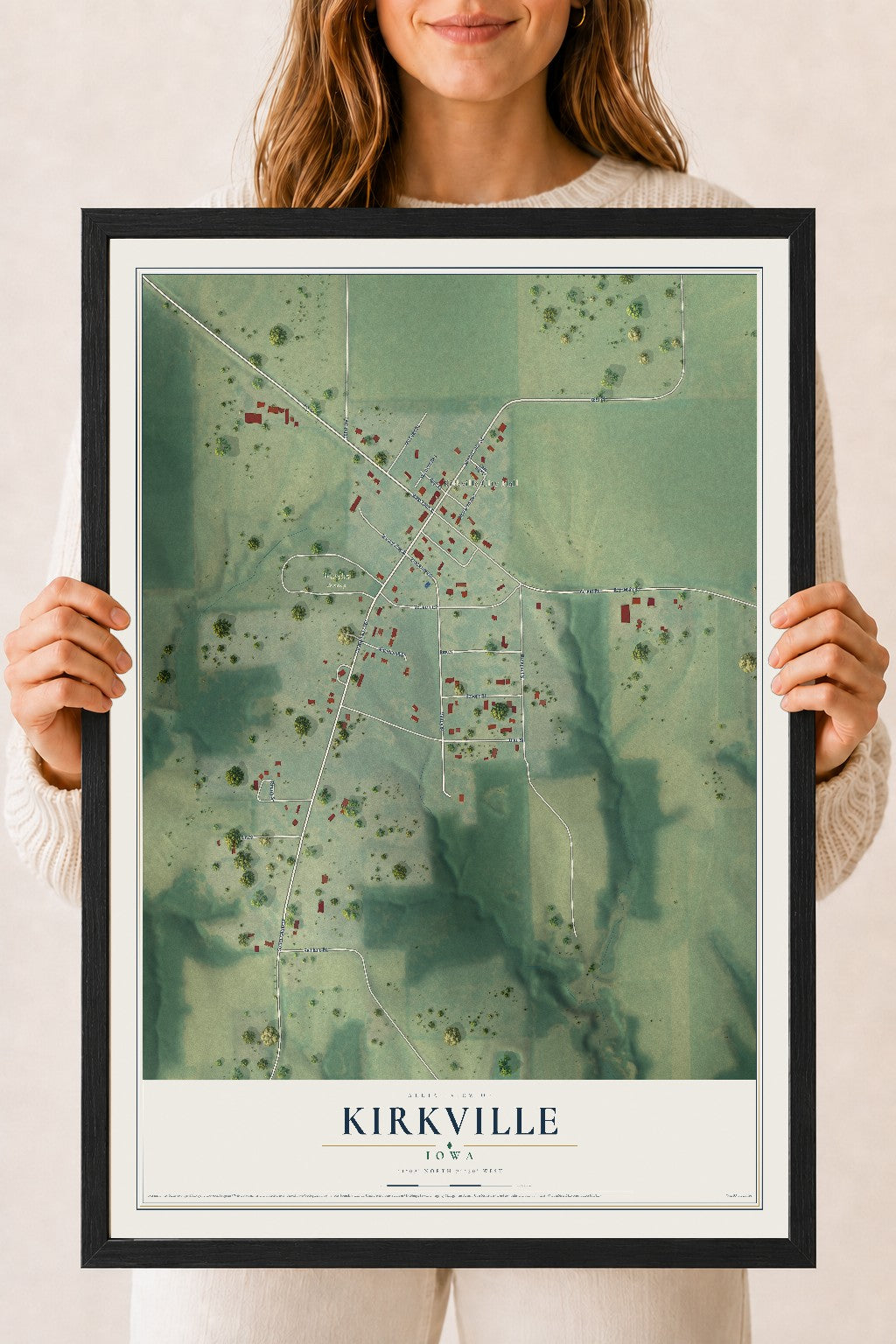 Map of Kirkville, Iowa, 18 x 24 inch print in a black wood frame