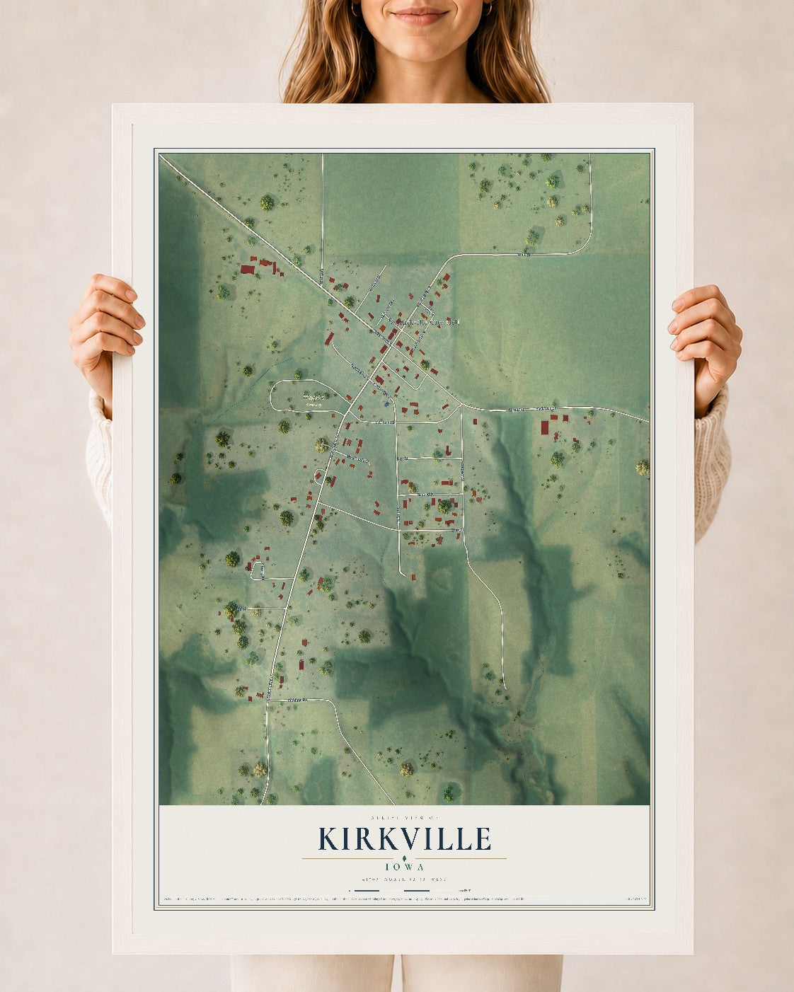 Map of Kirkville, Iowa, 24 x 36 inch print in a white wood frame