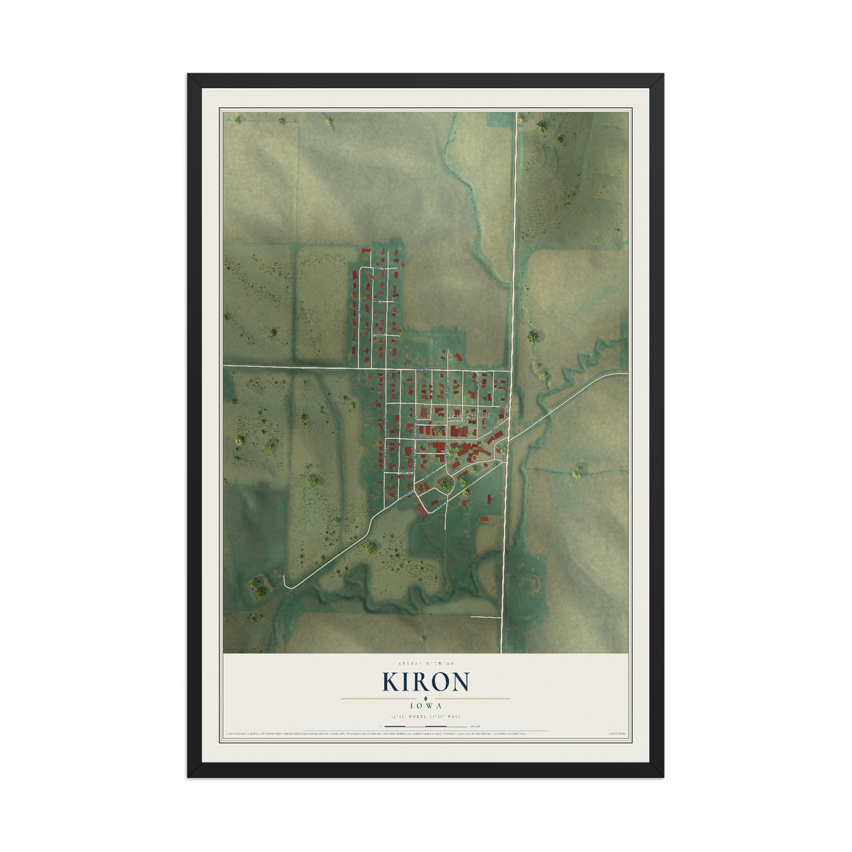 Map of Kiron, Iowa, 12 x 18 inch print in a black wood frame