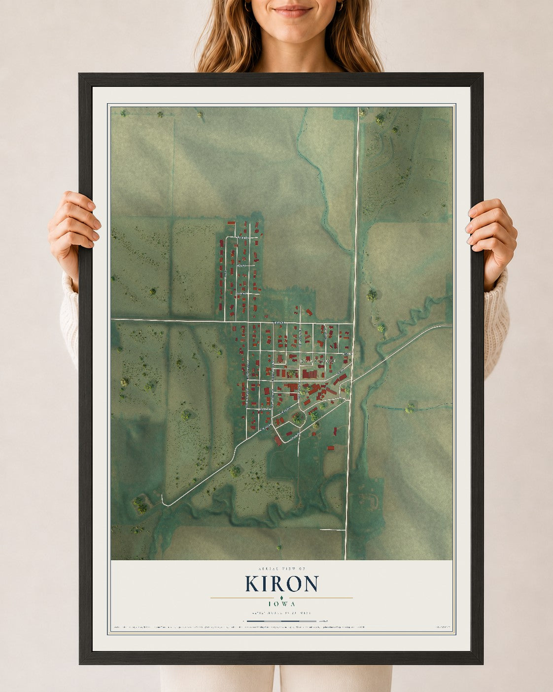 Map of Kiron, Iowa, 24 x 36 inch print in a black wood frame