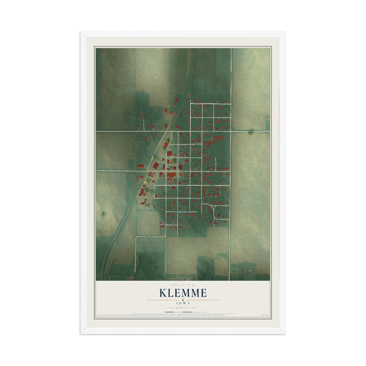 Map of Klemme, Iowa, 12 x 18 inch print in a white wood frame