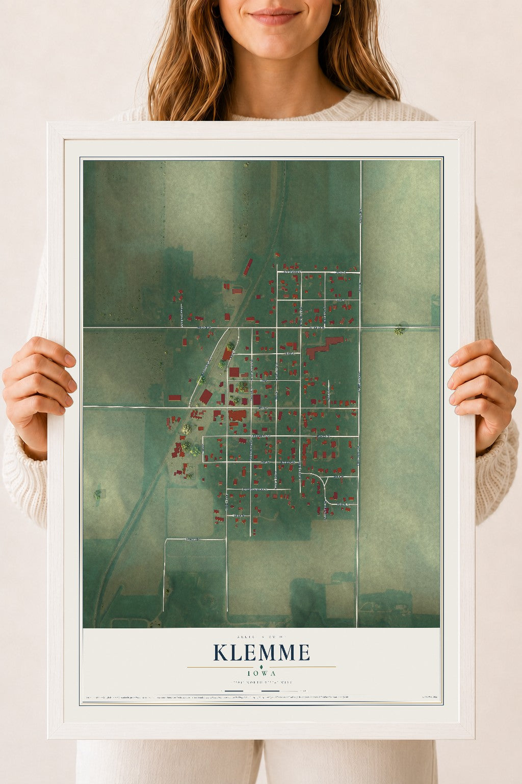 Map of Klemme, Iowa, 18 x 24 inch print in a white wood frame